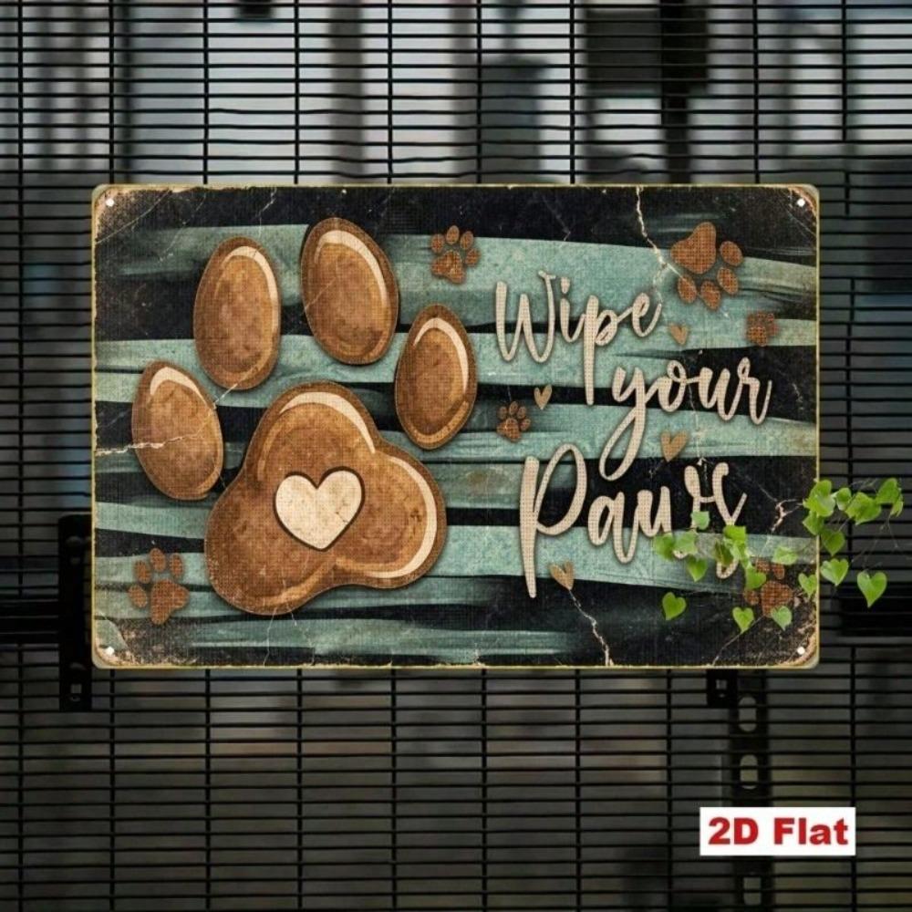 Vintage Metal Dog Paw Sign Wipe Your Paws Wall Decor Rustic Home Art 20x30cm
