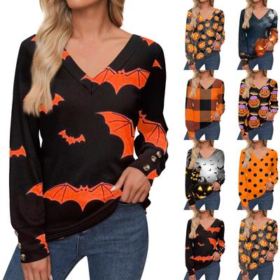 Damen Tops Halloween Bedrucktes Langarmshirt V-Ausschnitt Lässiges Loses T-Shirt Herbstkleidung