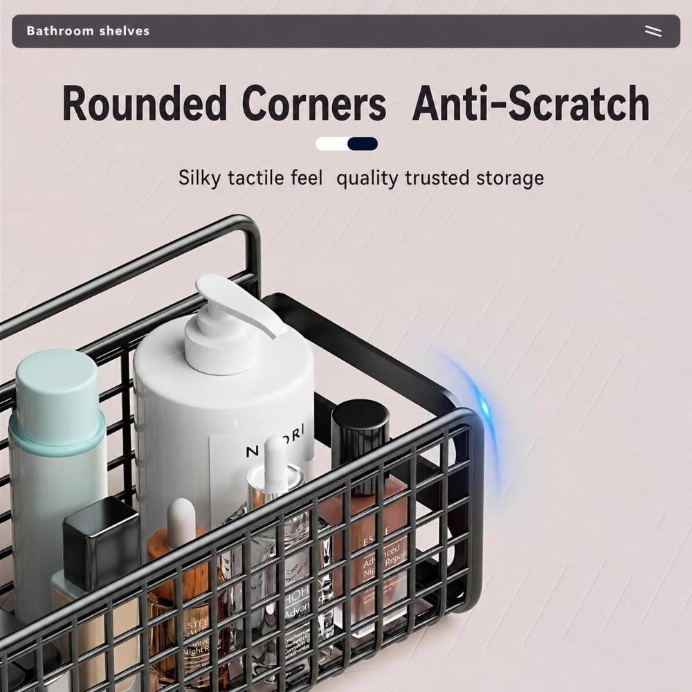 Portable Metal Grid Bathroom Storage Basket Wall Mounted Rustproof Bathroom Shelf No Drill Cosmetic Basket Kitchen