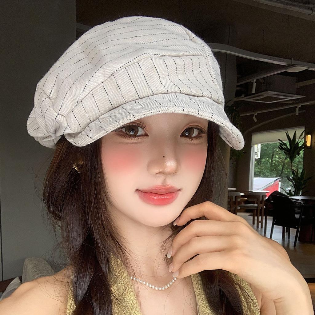 Retro Striped Pleated Cloud Octagonal Hat Children Spring And Autumn Casual Literary Beret Showing Small Face