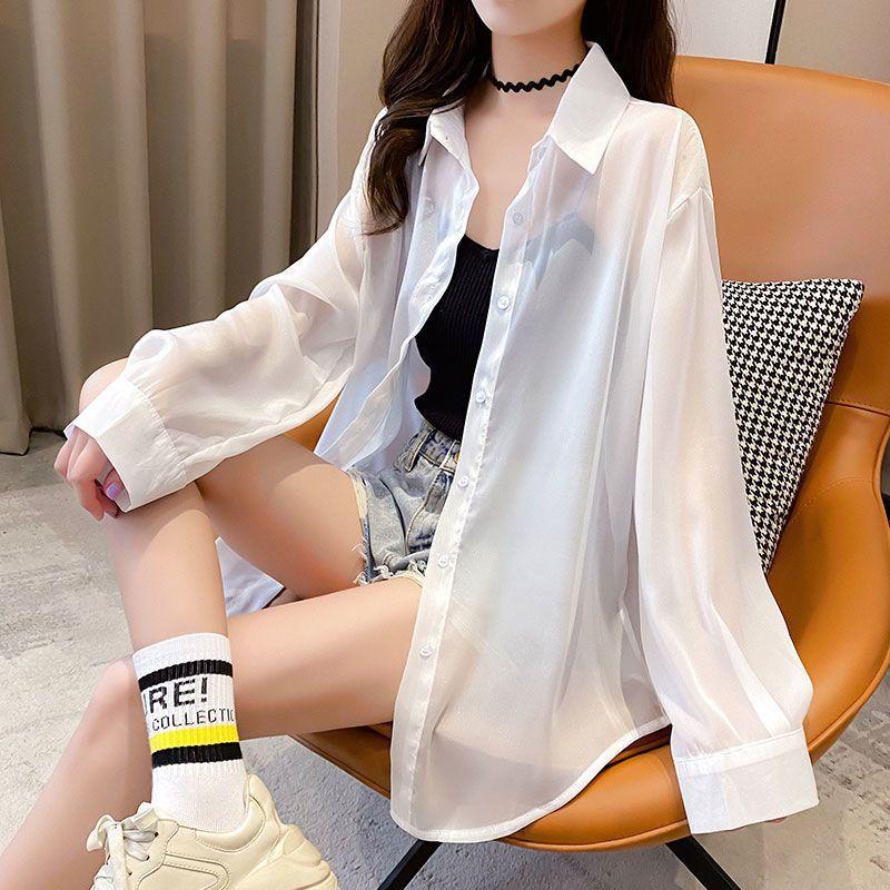 

Летняя тонкая защитная рубашка из ледяного шелка, корейская свободная солнцезащитная одежда с длинными рукавами, женский однотонный топ 2XL белый