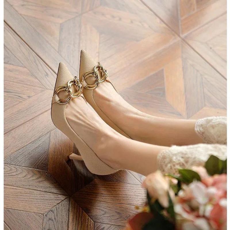 2025 Spring and Summer New Women's European and American Style Metal Chain Pointed Shallow Cut Thin High Heel Single Shoes