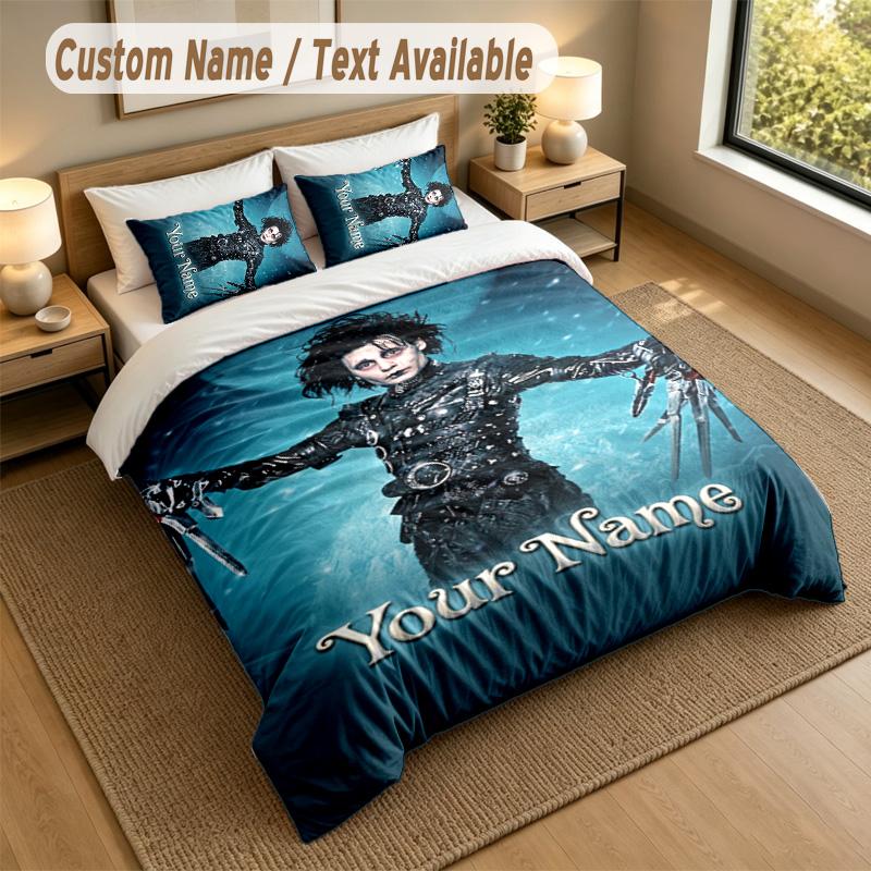 3Pcs Bedding Set Custom Name Text, 1 Sheet 2 Pillowcases Home Bed DecorEdward Scissorhands