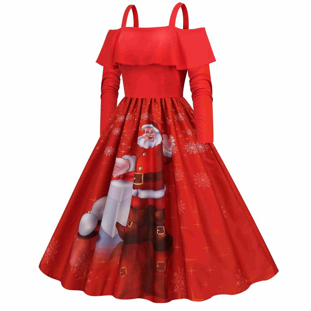 Kvinners Ruffle Langermet Stroppløs Skjøting Juletrykt Big Hem Dress