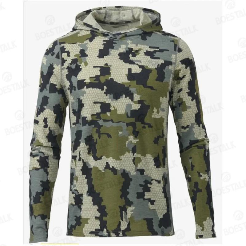 Mens Camo Fishing Shirt Hooded Sun Protection Breathable Quick Dry Outdoor Camping Hiking Clothing