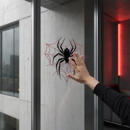 Static Glass Sticker, Reusable Halloween Window Decal, Black Spider Red Web Pattern Window Sticker for Home Store Kindergarten Decor