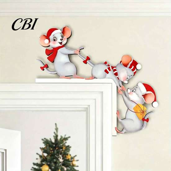 Waterproof Christmas Room Accents Cartoon Three Mice Wooden Door Frame Decor, Santa Mouse Easy Assembly Sign Corner Ornament, Xmas Party Home Holiday