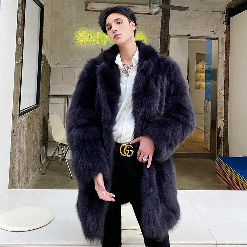 

Tuscan lamb coat men s fur coat imitation fox fur trench coat medium and long thickened casual top 6XL Темно-синій