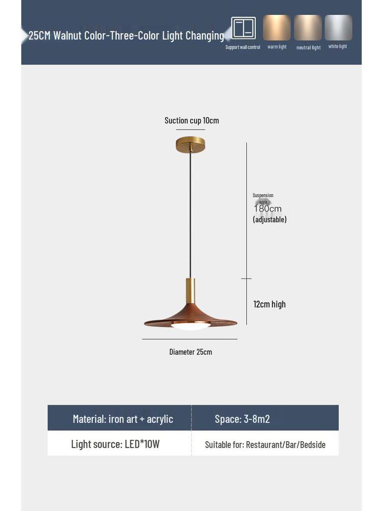 Nordic Walnut Three-Head Pendant Light for Dining, Bar, or Bedroom, Vintage UFO Style