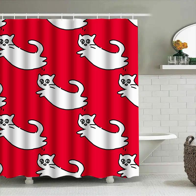 Red Shower Curtain With White Cats Pattern Bathtub Decorative Liner For Home Bathroom Accessories