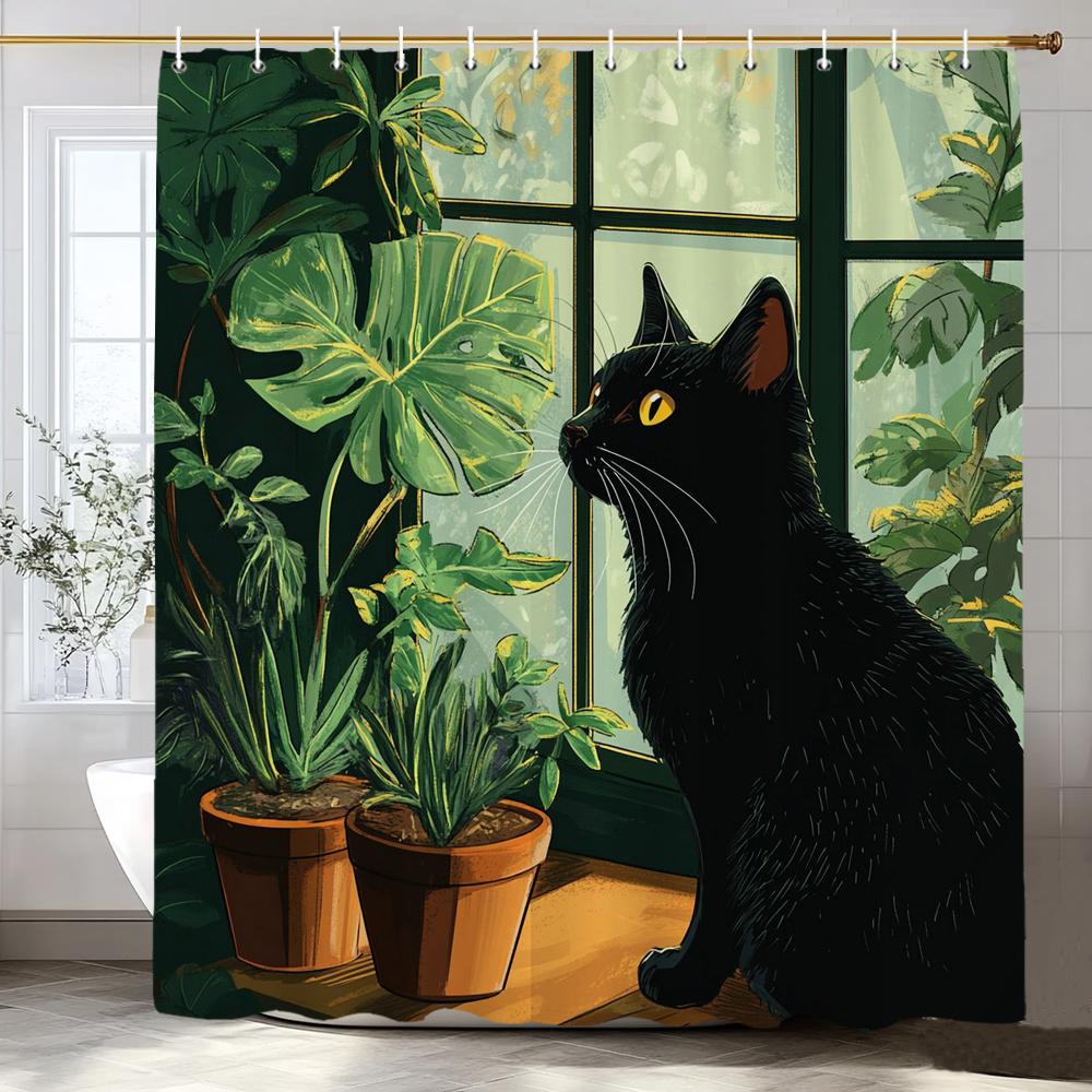 Funny Cat Shower Curtains Cute Cartoon Cat Bath Curtain,3d Printed Creative Bathroom Accessories Home Decoration With Hooks