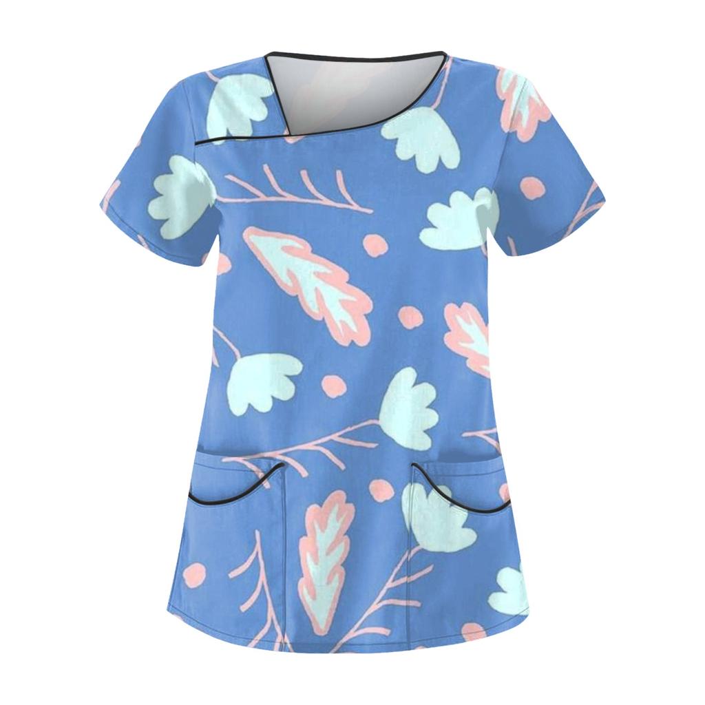 Women's Casual Printed Short Sleeve Workwear With Double Pocket Top