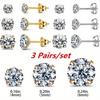 18k Gold Plated Four Sided Synthetic Zircon Earrings 3 Pairs Set Simple Stylish