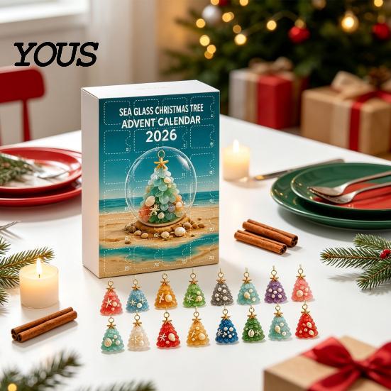 Sea Glass Christmas Tree Countdown Ornament 2026 Advent Calendar, 2D Acrylic Set Coastal Calendar with Hanging String, Holiday Decor, Festive Gift for