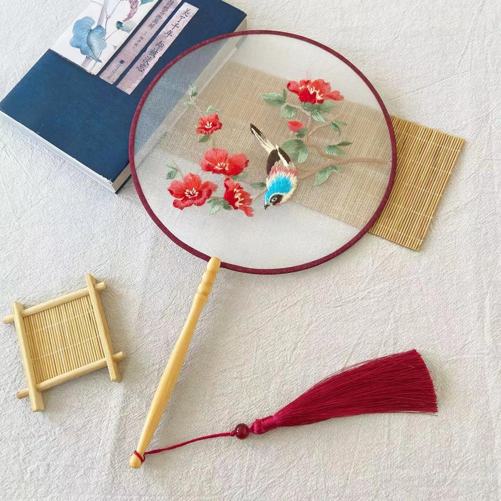 Embroidery Round Fan Classical Long Handle Group Fan Dance Fans Photography Props Home Decor