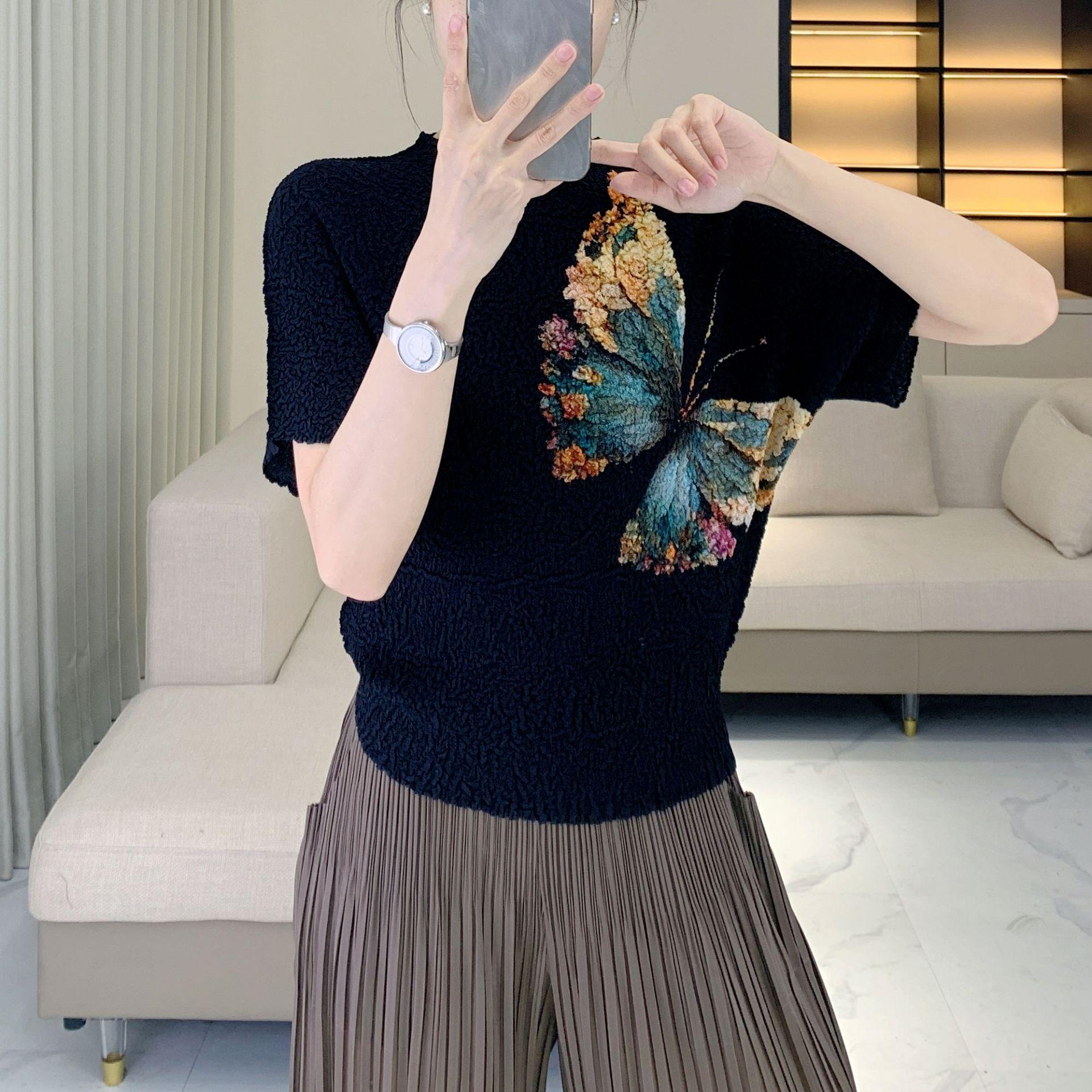 

Летняя женская футболка свободного кроя с принтом бабочек, универсальная, приталенная, больших размеров, накидка, 2025 One Size [90-150 Jin] чёрный