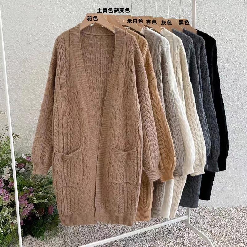 

Новая модная куртка-свитер средней и длинной длины женская осенне-зимняя вязаная кофта с ретро-косами, высококлассный ленивый стиль One size чёрный