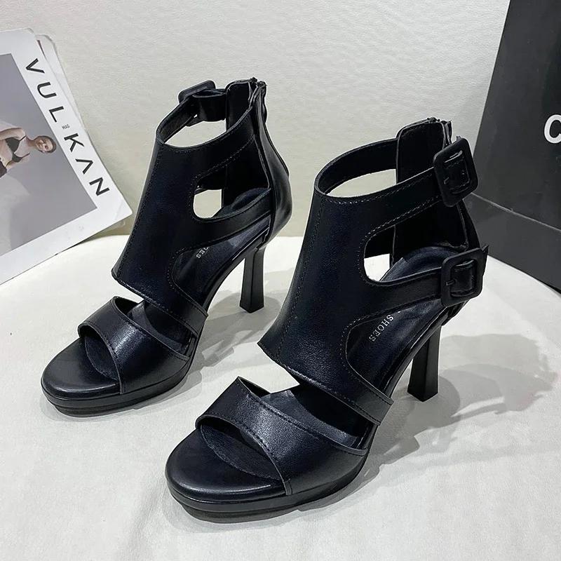 Fashion 2024 summer New Women's Fashion Belt buckle Hollowing out High heels Rear zipper Exposed toe Slender heel Rome Sandals