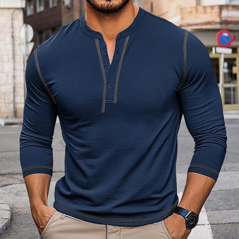 Mens Vintage Color Block Long Sleeve Crew Neck Henley T Shirt Casual Top