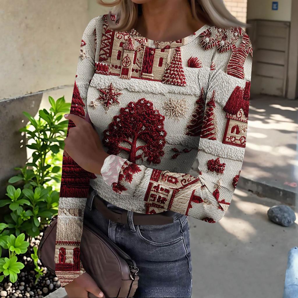 Camiseta de Fondo Delgado para Mujer Moda Casual Estampado Degradado Cuello Redondo Jersey Manga Larga Top