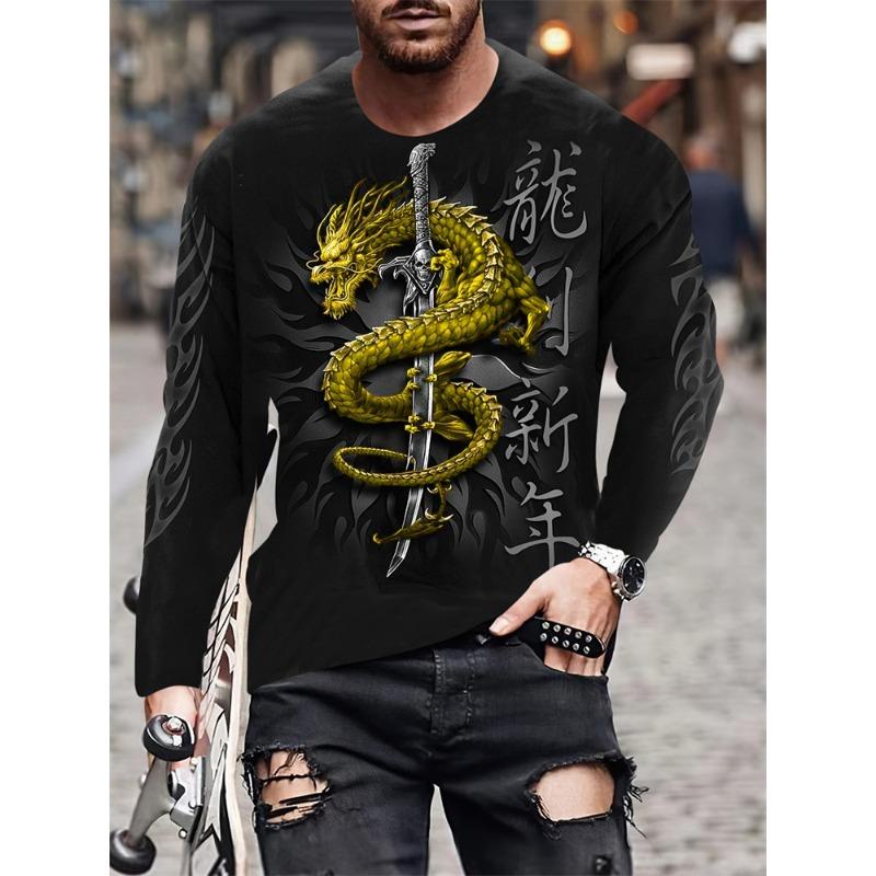 Oriental Dragon Printed Men's Long Sleeve T-shirt Autumn Daily Street Men's Fashion Long Sleeve T-shirt Casual Long Sleeve Top