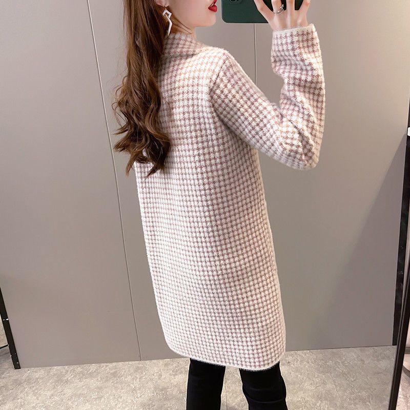 Damen Karierter Langer Mohair Cardigan Mantel Herbst Nerzstrickjacke