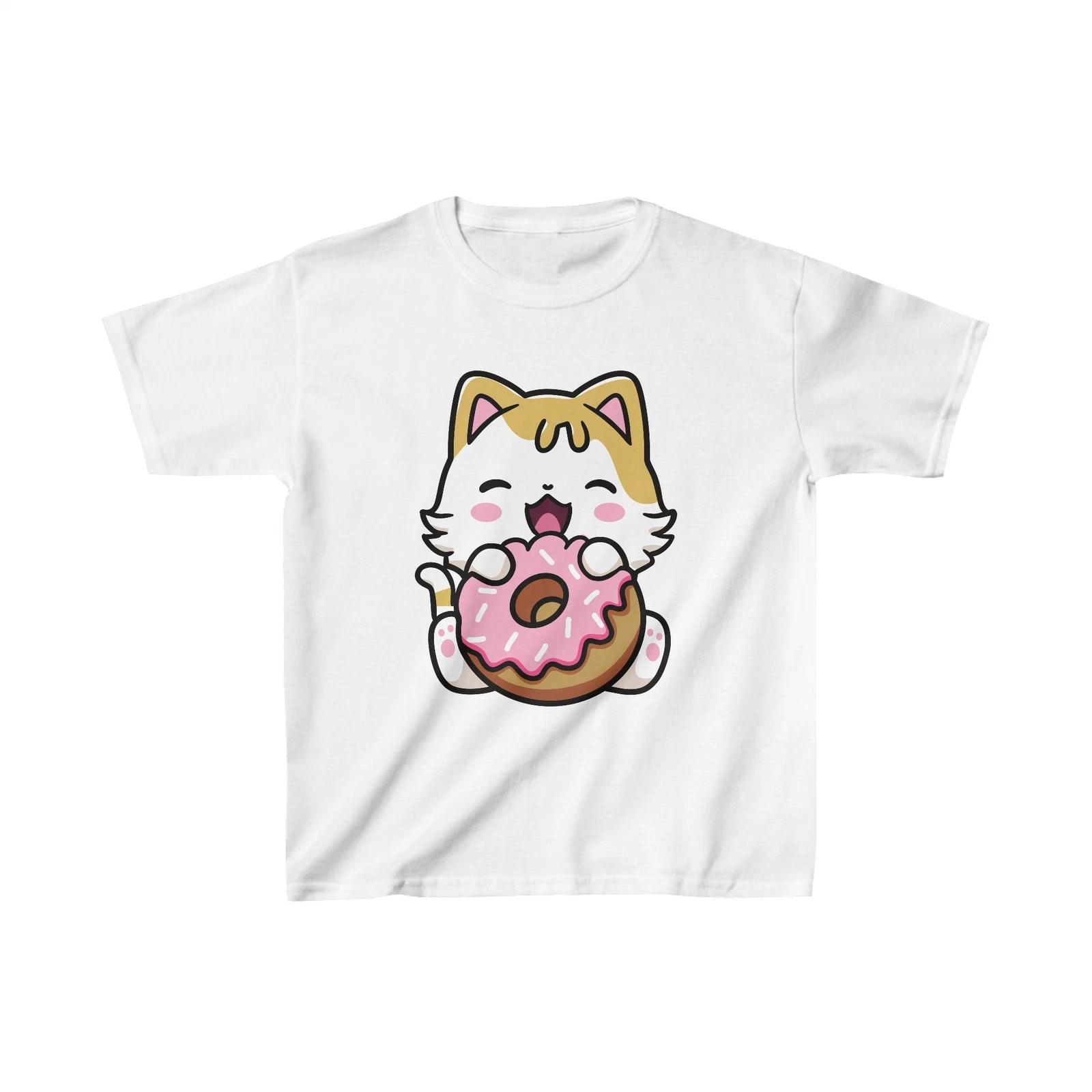 

Kids Cute Funny Kawaii Happy Cat Pink Donut Anime Neko Donuts Cat Cotton T-Shirt 3XL