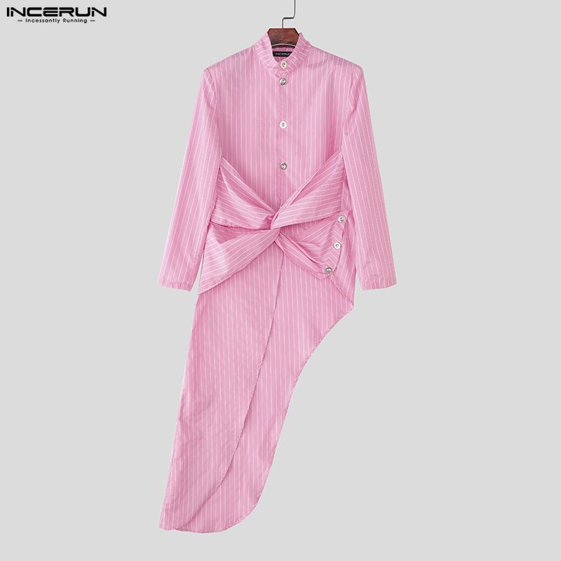 INCERUN Men Stand Neck Long Sleeve Striped Splits Irregular Hem Long Tunic Shirts Tops