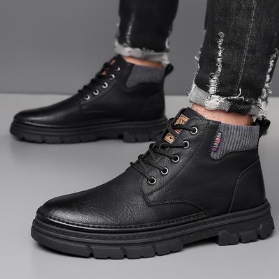 2025 Winter Men's Leather Boots Thick Bottom Warm Fur Casual Ankle Short Shoes Lace-up Non-Slip Motorcycle Boots