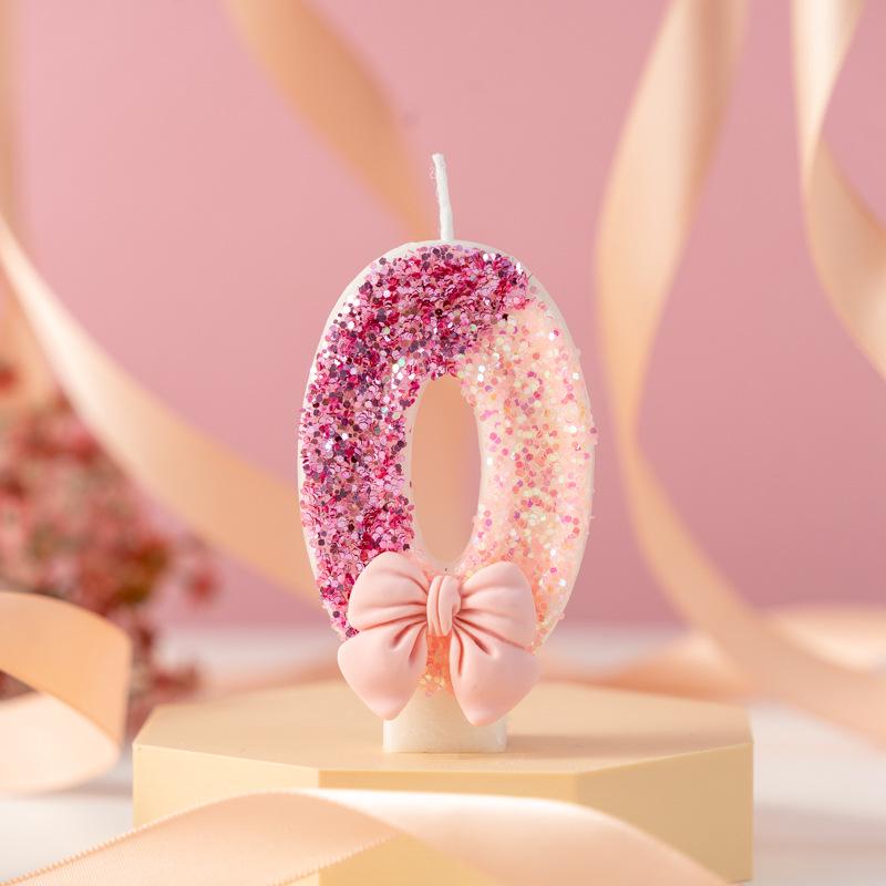 Glitter Pink Bow Number Candle - Color Block Birthday & Anniversary Cake Decor