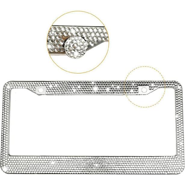 Car License Plate Frame for Women Men 2 Pcs Bling Rhinestone Licence Plate Holder Stainless Steel Covers with Screw Caps Crystal Glitter Tag