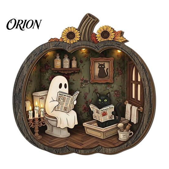 Cute Ghost Reading Figurines Halloween Wooden Tabletop Ornament, 2D Flat Bathing Harvest Season Room Decor Watering Plaque with Stand for Home Shelf,