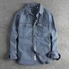 Men's Vintage-Style Distressed Workwear Denim Shirt Washed Striped Casual Shirt Jacket