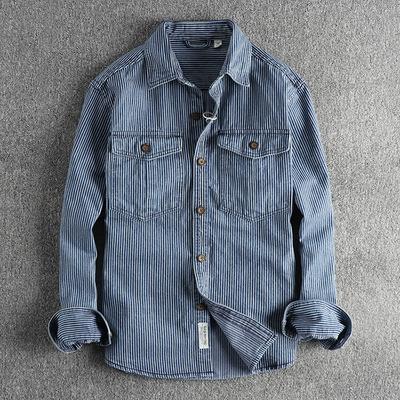 Men's Vintage-Style Distressed Workwear Denim Shirt Washed Striped Casual Shirt Jacket