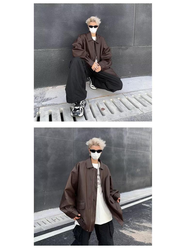 Men's Trendy PU Leather Motorcycle Jacket – Spring/Autumn, High-End Look, Handsome Casual Loose Fit, Lapel Design.