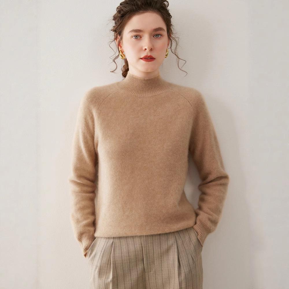 Women's Cashmere Double-Ply Thick Knit Sweater - Half-High Neck, Drop Shoulder, Versatile Solid Color, Autumn/Winter Warm Base Layer