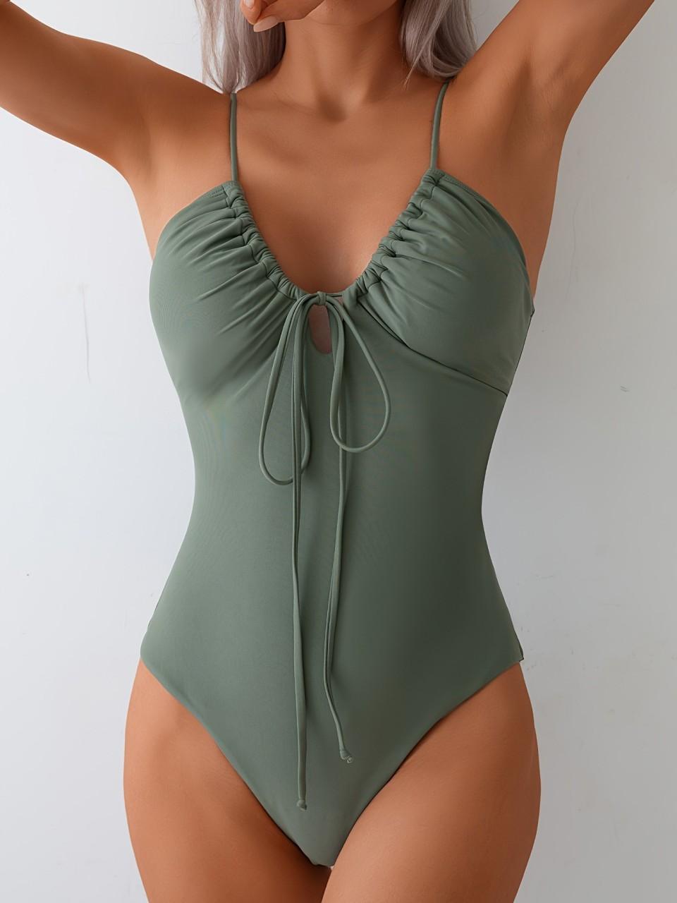 

2025 Sexy Slim Strappy Swimsuit One Piece Army Green Tie String Swimwear Female Bathers Bathing Swimming Suit Padded Beachwear XL