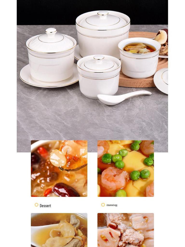 Pure White Ceramic Stew Pot with Lid - Chinese Shaxian Style Soup & Steam Pot, Gold Rimmed.