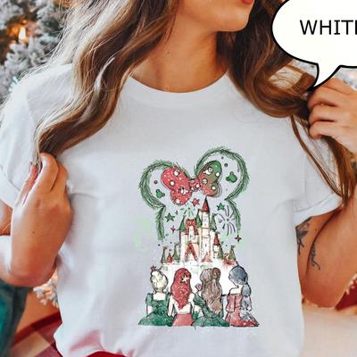 Comfort Colors® Christmas Princess Castle T-Shirt, Magical Kingdom Xmas Tee, Princess Shirt, Cinderella Ariel Jasmine Belle Xmas Tee