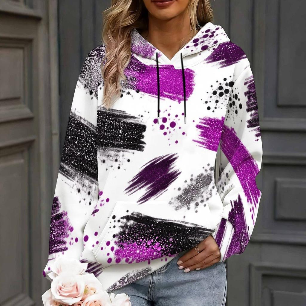 Women Plus Size Colorful Paint Splash Print Long Sleeve Drawstring Hoodie With Kangaroo Pocket