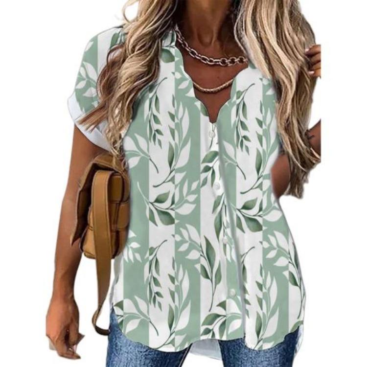 

Floral Print Summer Blouse with Petal Neckline Single Breasted Large Buttons Fashion Streetwear 3XL зелений