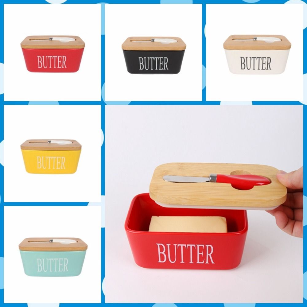 

Knife Ceramic Butter Boxes with Wood Lid Butter Keeper Multifunctional Dish Kitchen