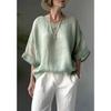 Camicia da donna in cotone e lino, vestibilità larga, con scollo rotondo e maniche corte, per un look casual primaverile