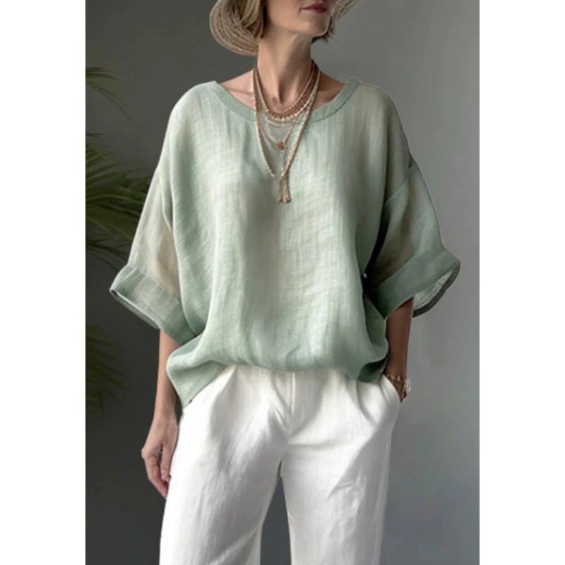 Camicia da donna in cotone e lino, vestibilità larga, con scollo rotondo e maniche corte, per un look casual primaverile