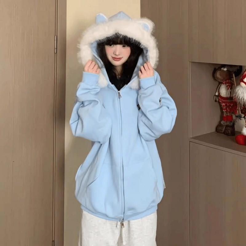 Unisex Hooded Jacket With Detachable Cat Ear Faux Fur Trim Streetwear Outerwear