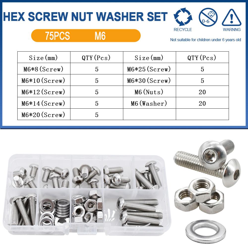 304 Stainless Steel Allen Screw Bolt Nut Washer Set Metric Threaded Hex Machine Screws Nuts Gaskets Kits With Box M2 M3 M4 M5 M6