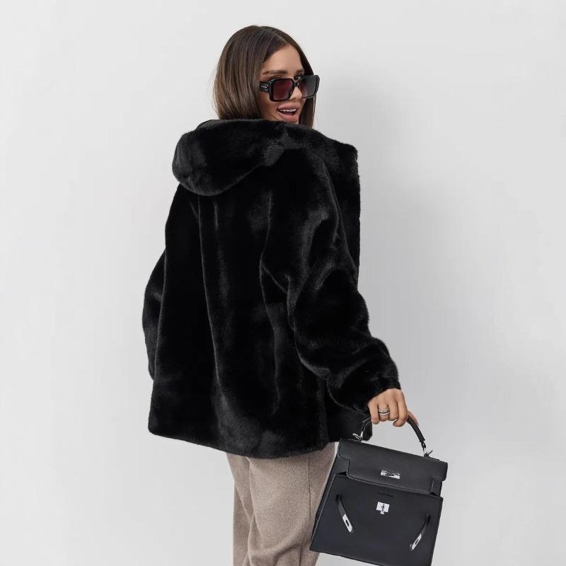 Women's Environmentally Friendly Plush Jacket Medium and Long Artificial Fur Thickened Thermal Hooded Imitation Mink Fur Coat