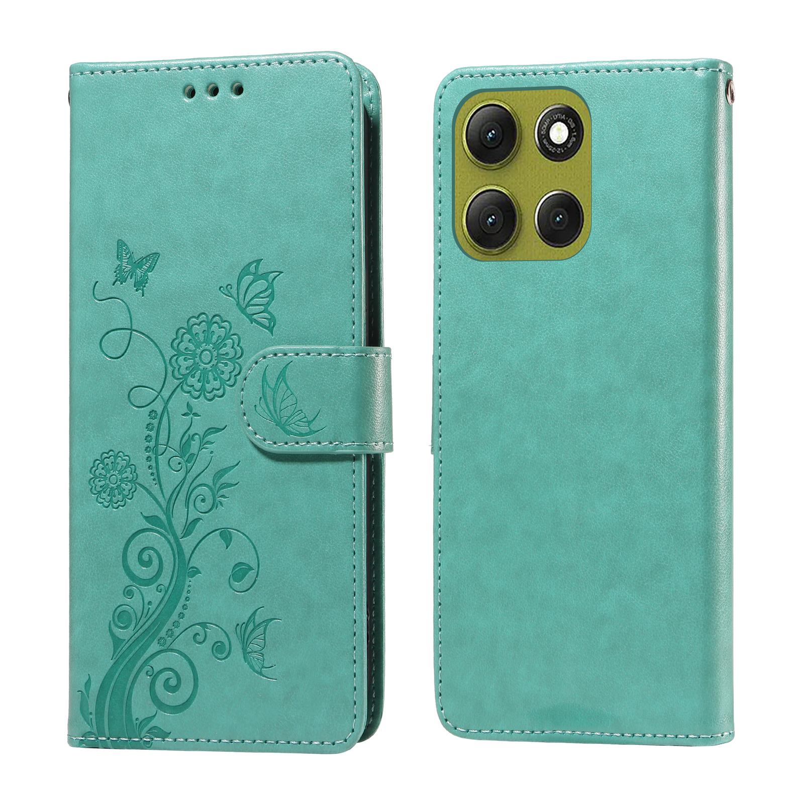 

For Motorola Moto G86 Power 5G/G86 5G Leather Case Butterfly Floral Imprint Wallet Stand Cover Green
