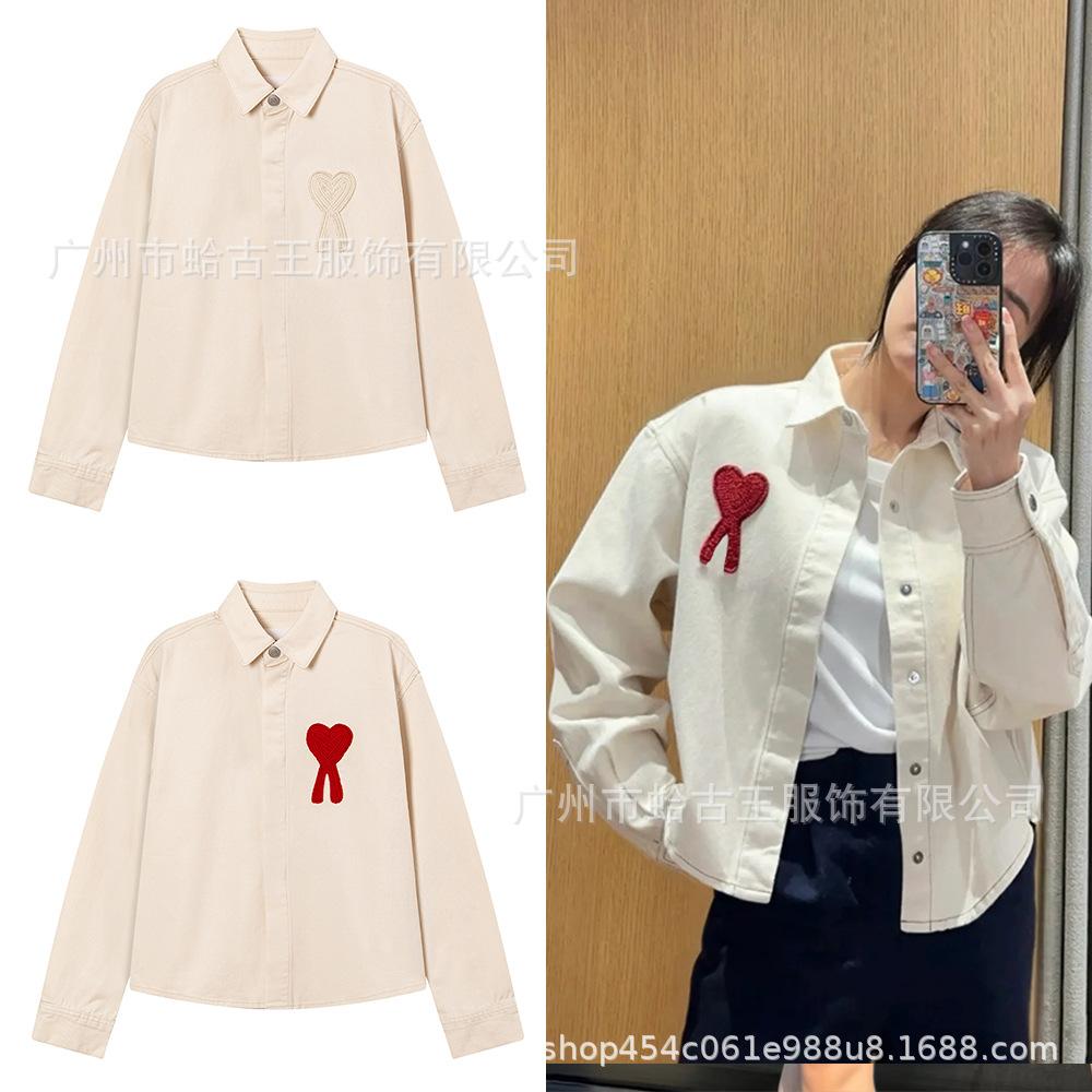 AMI CLAMS 25 Wiosna/Jesień Dżinsowa Kurtka z Haftowanym Sercem - Unisex Luźny Krój Codzienna