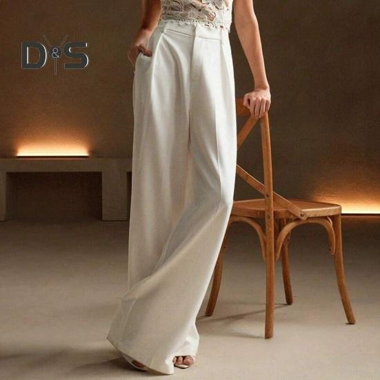 Women Pants High Waist Button Zipper Closure Straight Wide Leg Long Trousers with Pockets Solid Color Commuting Style Pants